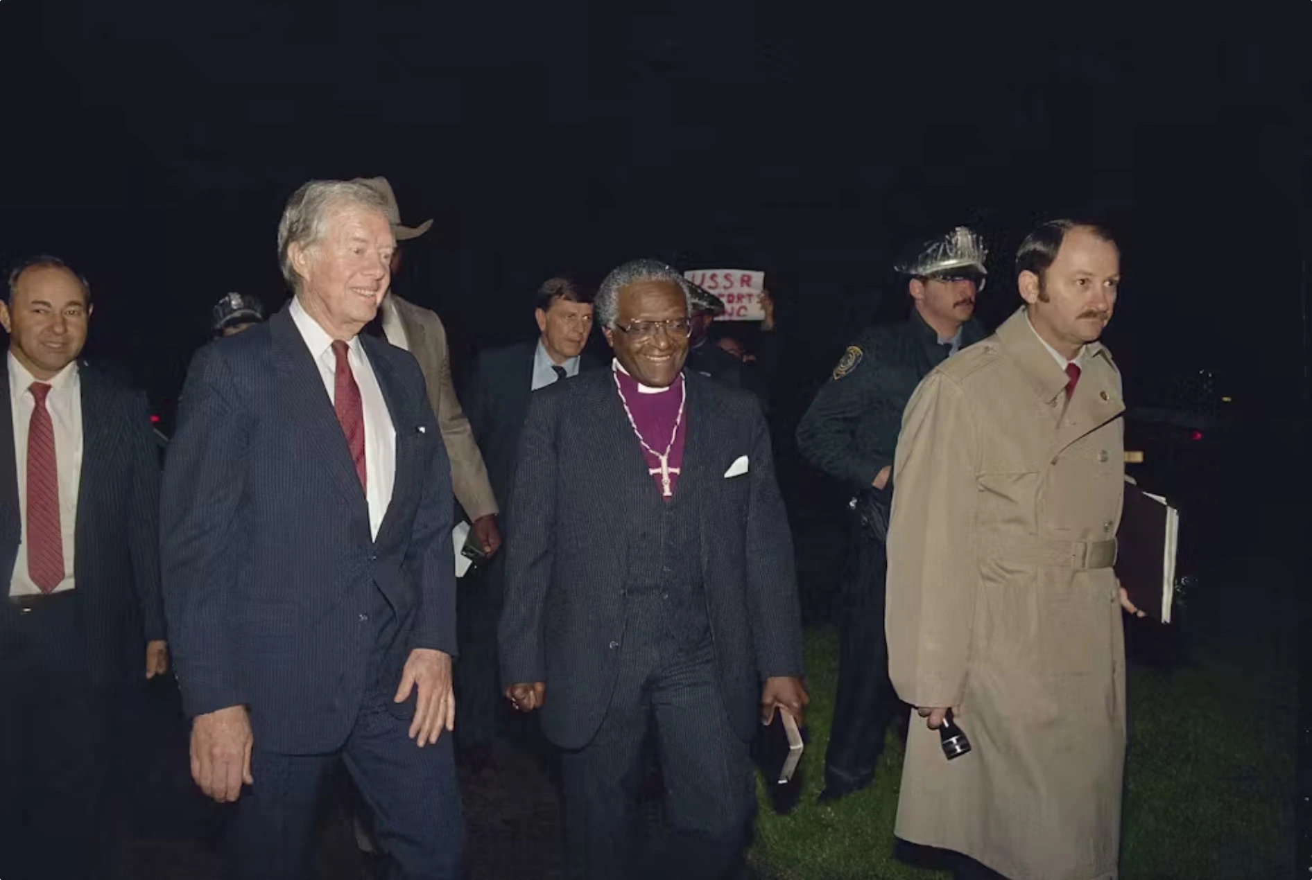 Jimmy Carter and Archbishop Desmond Tutu in 1986 attend a celebration of the 38th anniversary of the United Nations Universal Declaration of Human Rights. 