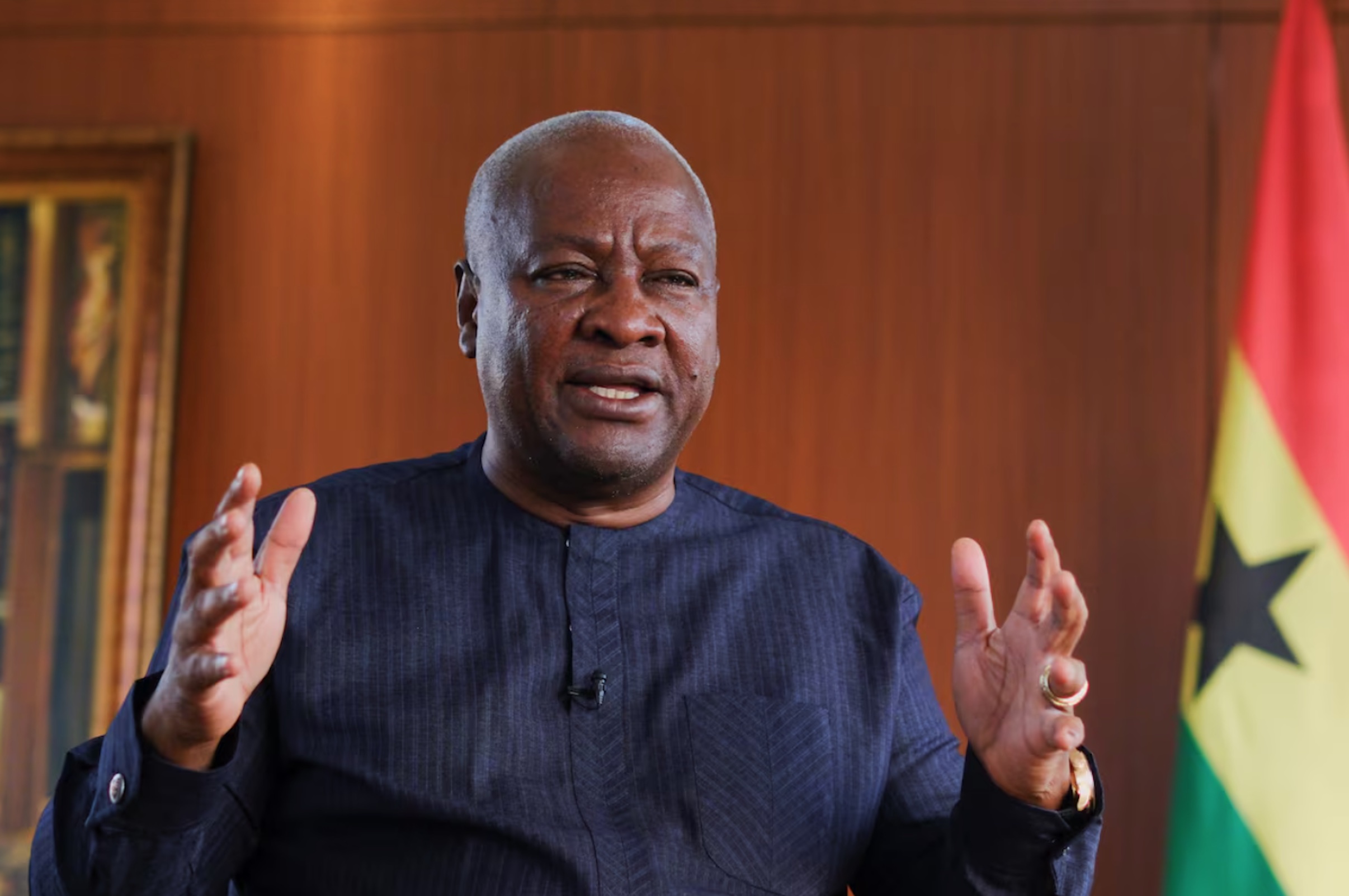 Ghana's President-elect John Dramani Mahama, 66, speaks with Reuters journalists in his office after general elections, in Accra, Ghana, December 13, 2024.