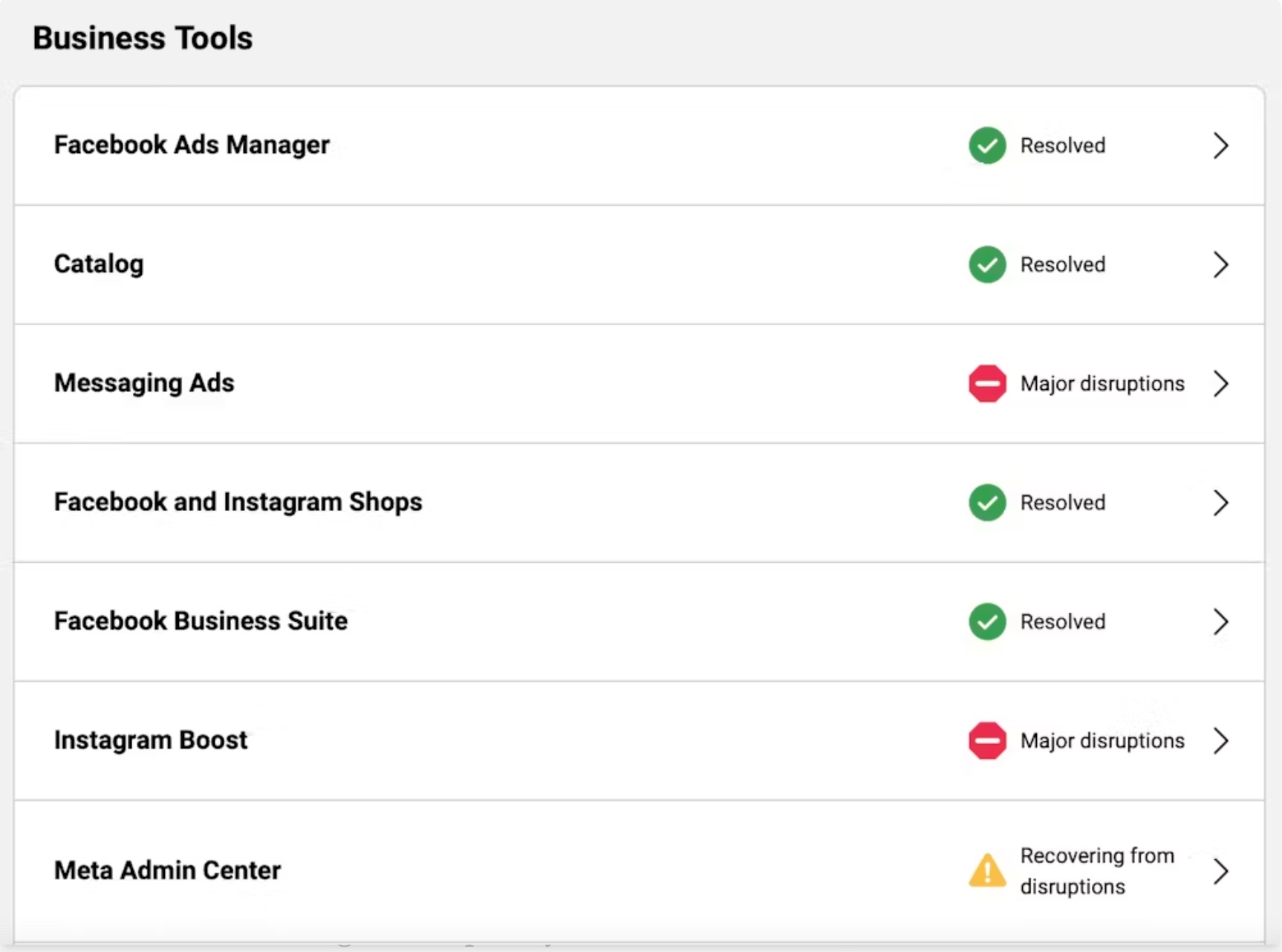 Meta’s business product status page showed outages in several services. Meta