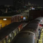 New York Police officers clear a train at the Coney Island Stillwell Avenue Terminal, May 5, 2020, in the Brooklyn borough of New York.