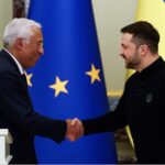 Ukraine's President Volodymyr Zelenskiy shakes hands with European Council President Antonio Costa, during a joint press conference, amid Russia's attack on Ukraine, in Kyiv, Ukraine, December 1, 2024.