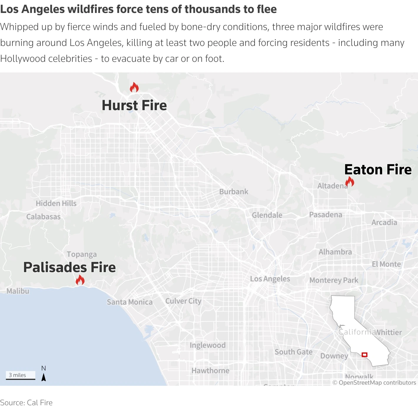 A wildfire ripped through an upscale coastal area of Los Angeles overnight, with Hollywood celebrities among those evacuating by car and on foot.