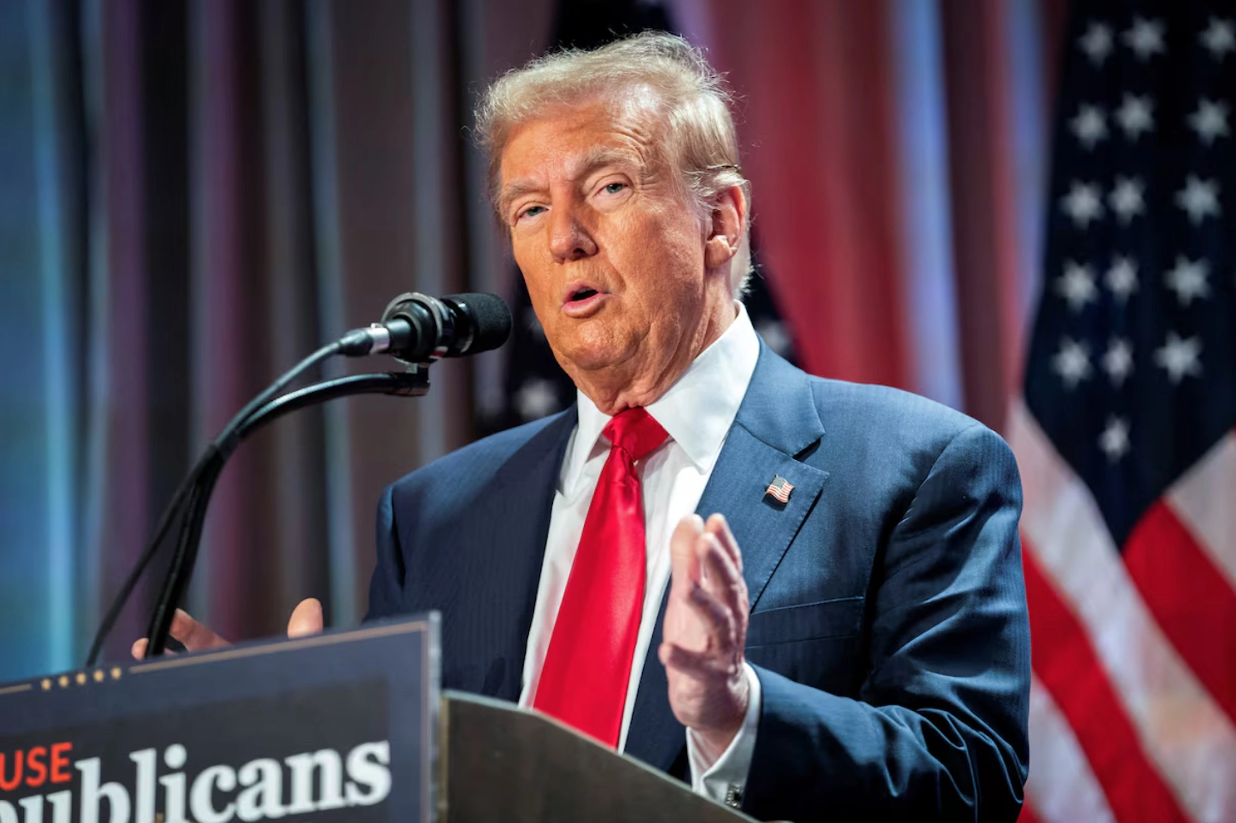 US President-elect Donald Trump speaks during a meeting with House Republicans at the Hyatt Regency hotel in Washington, DC, U.S. on November 13, 2024. 