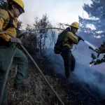 Firefighters battle the fire in the Angeles National Forest near Mt. Wilson as the wildfires burn in the Los Angeles area, during the Eaton Fire in Altadena, California, U.S.