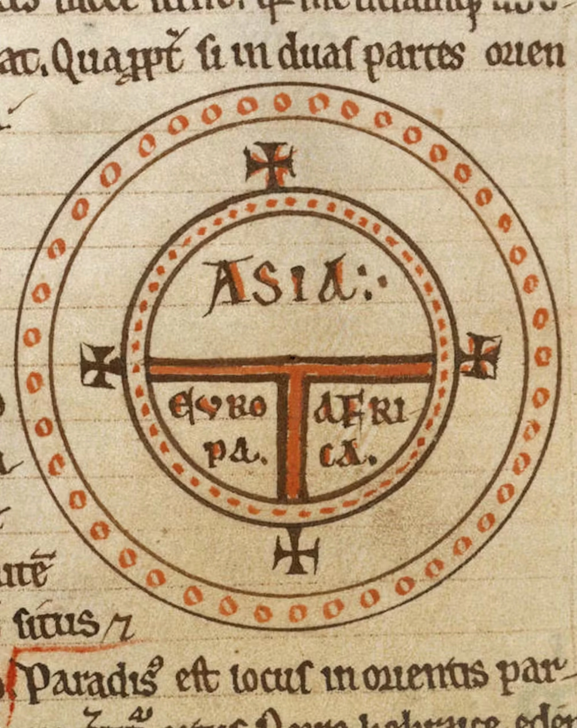 A T and O map – also known as Isidoran Map drawn by Isidore of Seville. The map represents world geography, showing Asia occupying the top whole top half of the globe. Isidore of Seville