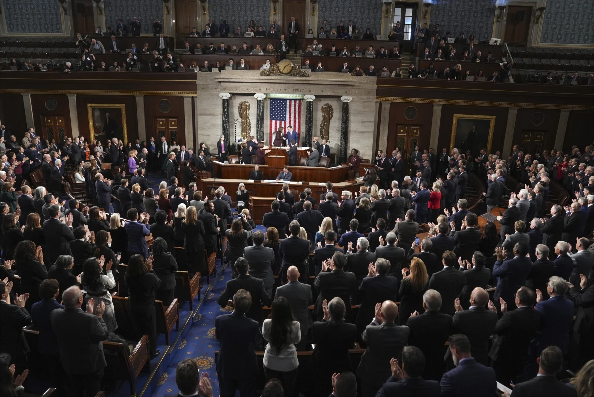 Vice President Kamala Harris shakes hands with House Speaker Mike Johnson of La., after a joint session of Congress confirmed the Electoral College votes, affirming President-elect Donald Trump’s victory in the presidential election, Monday, Jan. 6, 2025, at the U.S. Capitol in Washington. 