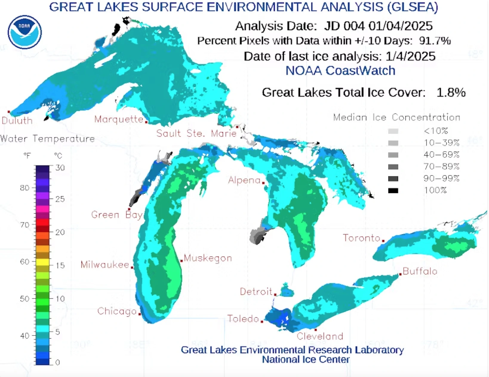 Surface temperatures in much of the Great Lakes were still warm as the cold Arctic air arrived in early January. 