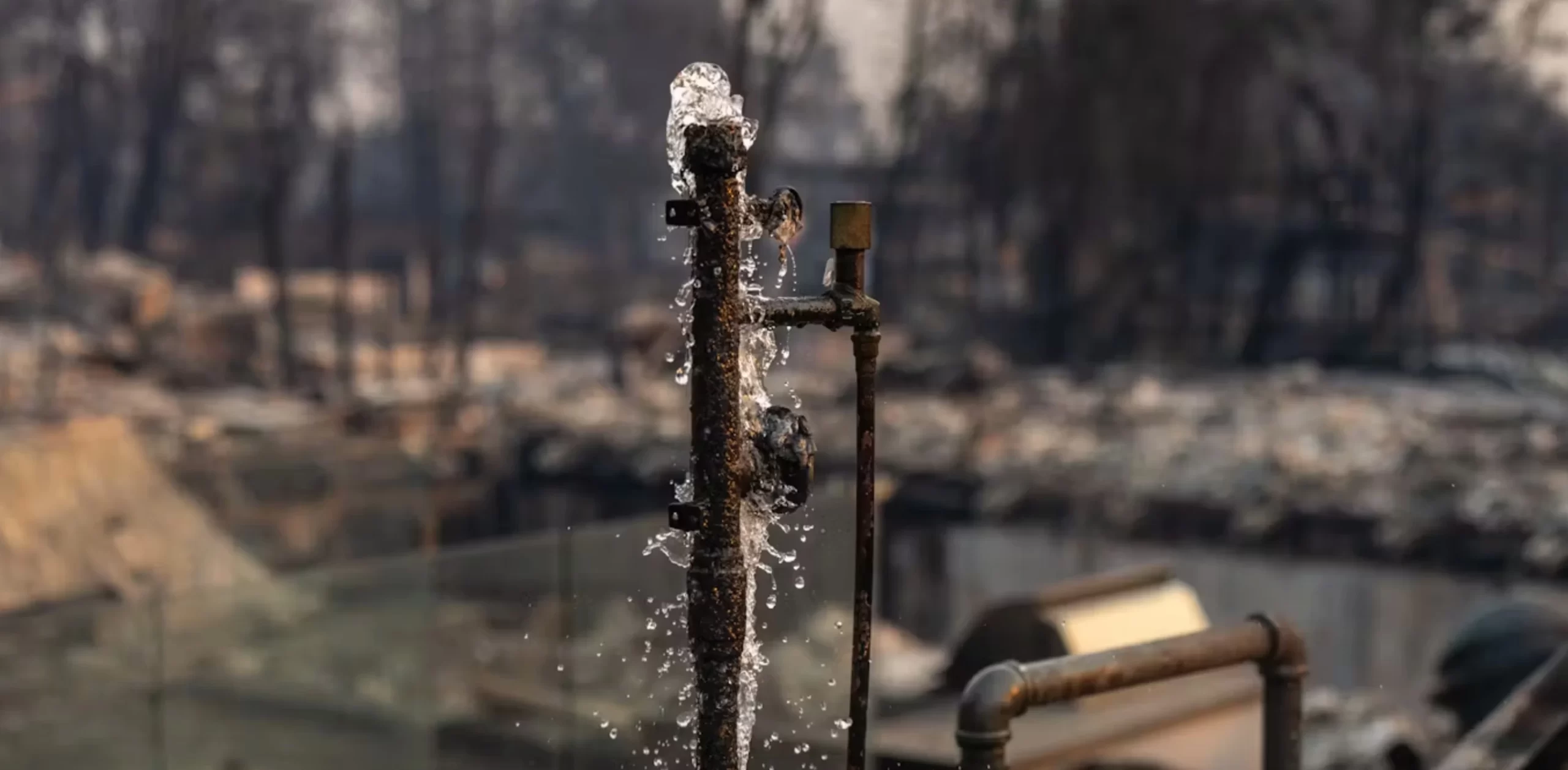 Water runs from a pipe where a home once stood in the Pacific Palisades community of Los Angeles in January 2025. 